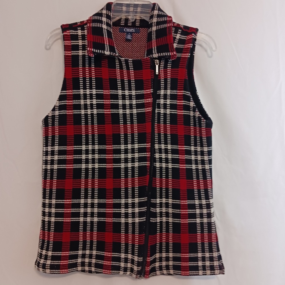Chaps Plaid Sweater Vest Womens Medium Red Black Asymmetrical Zip Excellent Knit